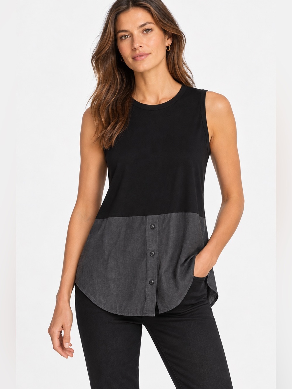 ME+EM Black Charcoal Mixed Media Tencel Sleeveless Top US 10 UK 14